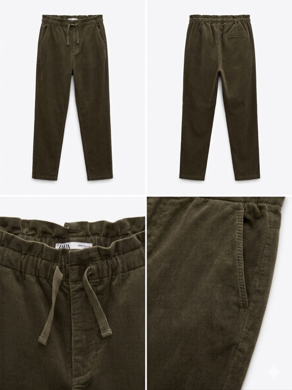 ZARA Olive Green  Corduroy High Waist Drawstring Trousers M